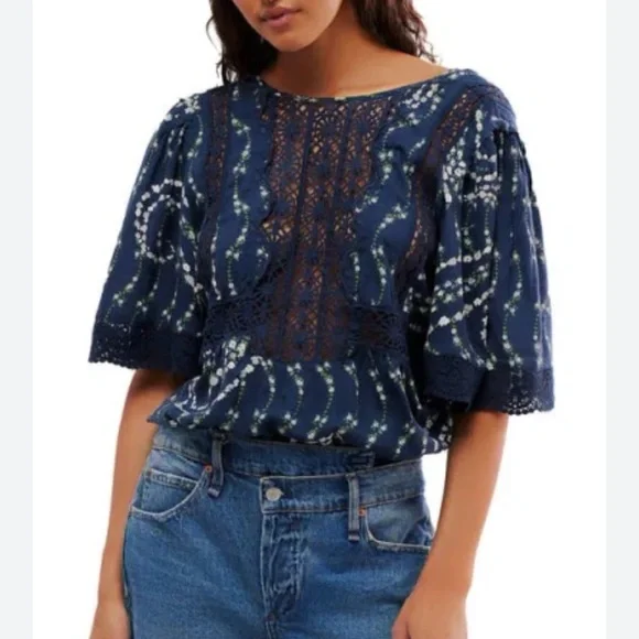 FREE PEOPLE Bali Tate Mixed Media Navy Lace Bodysuit